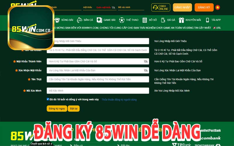 Đăng ký 85win dễ dàng